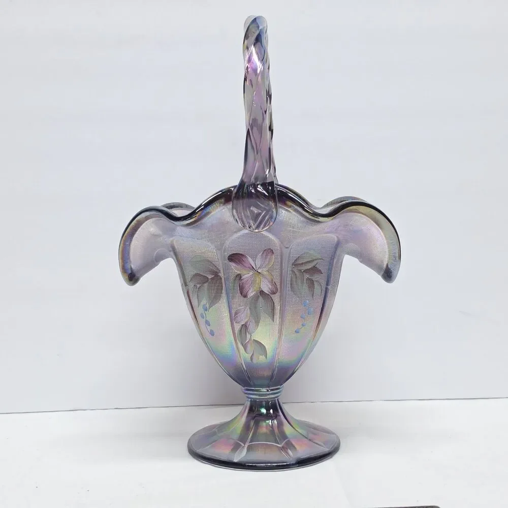 Fenton Art Glass 1998 Paneled Lilac Wisteria Stretch Basket 11
